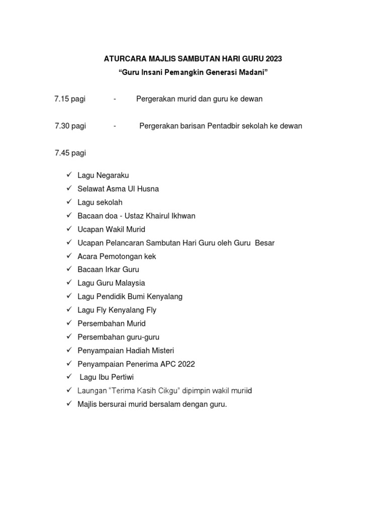 Aturcara Majlis Sambutan Hari Guru 2023 | PDF