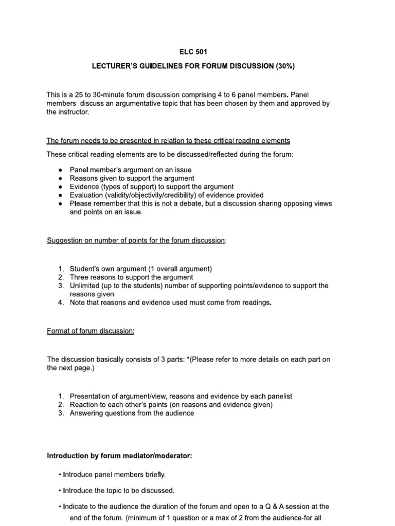 Lecturer's Guidelines For Forum Discussion | PDF