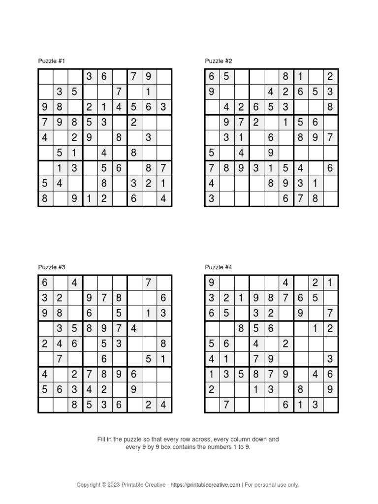 9x9 Sudoku Puzzle by Printablecreative 3 PDF Puzzles Logic Puzzles