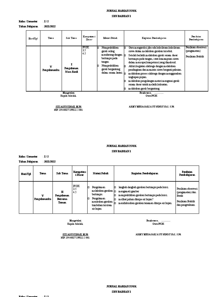 Jurnal Harian PJOK Kelas 1 Semester 2 | PDF
