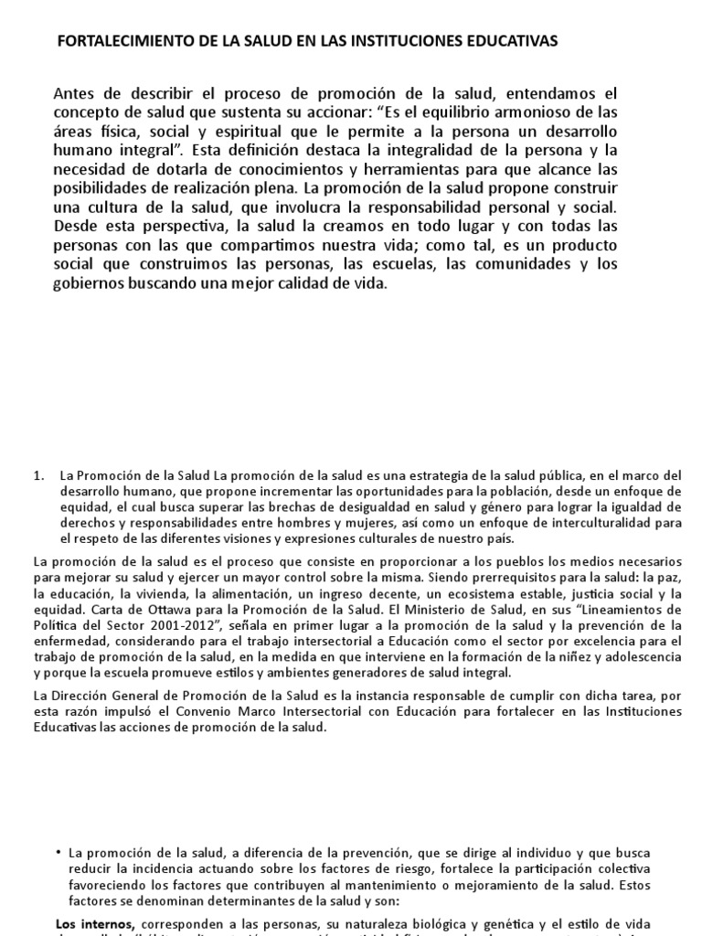 Salud en Instituciones Educativas | PDF | Promoción de la salud | Plan ...