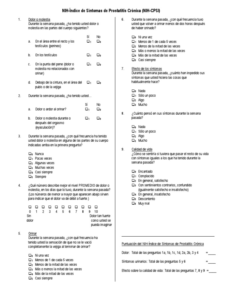 Cuestionario Indice de Sintomas de Prostatitis Cronica Spanish National ...