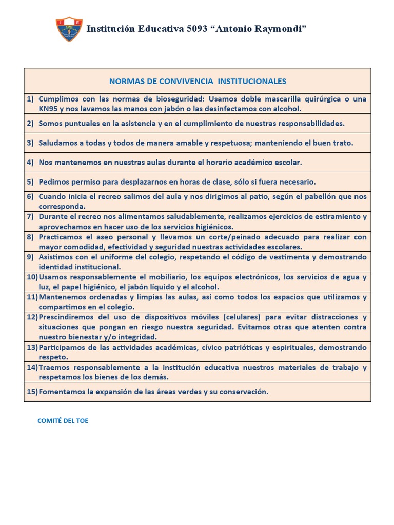 Normas de Convivencia en la IE 5093 | PDF