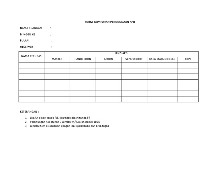 Form Kepatuhan Penggunaan APD | PDF