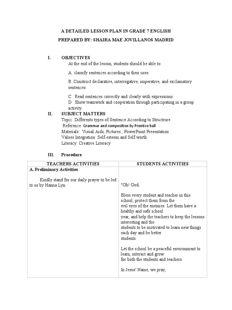 A Detailed Lesson Plan in Grade 7 English | PDF