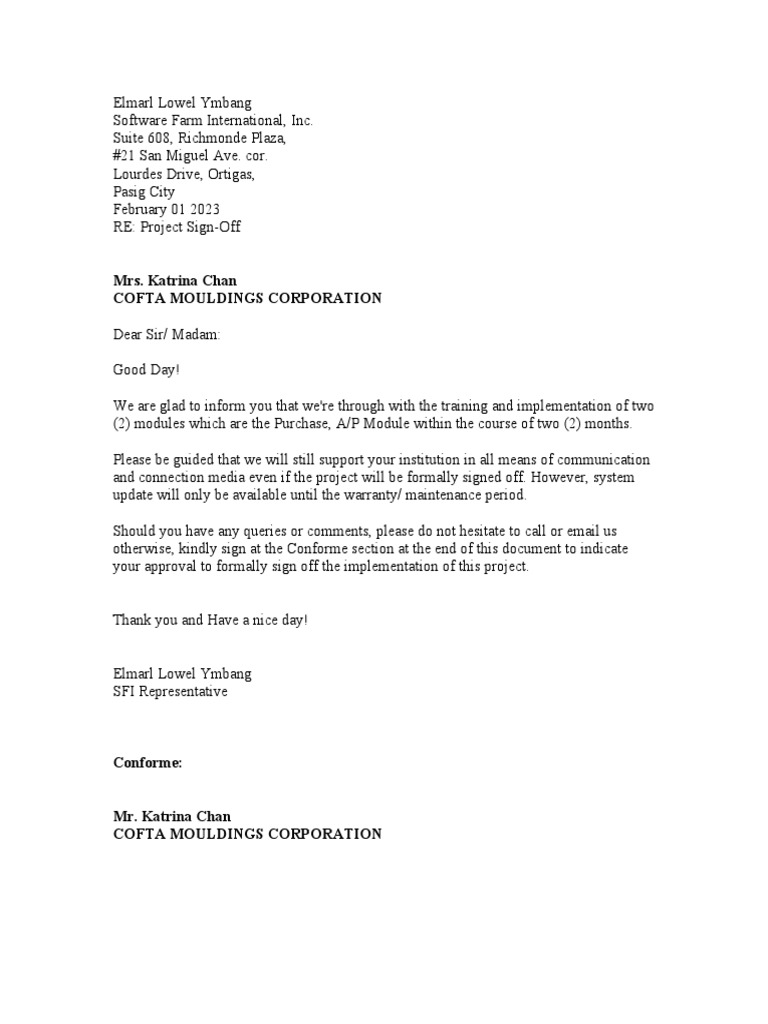 Cofta Sign Off Letter PDF