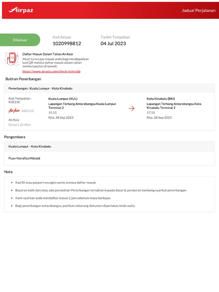 Airpaz Flight Itinerary 1020998812 | PDF