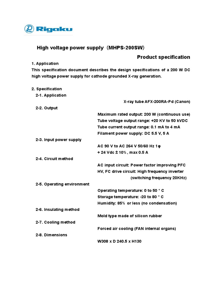 Rigaku High Voltage Power Supply - MHPS-200SW - Product Specification | PDF