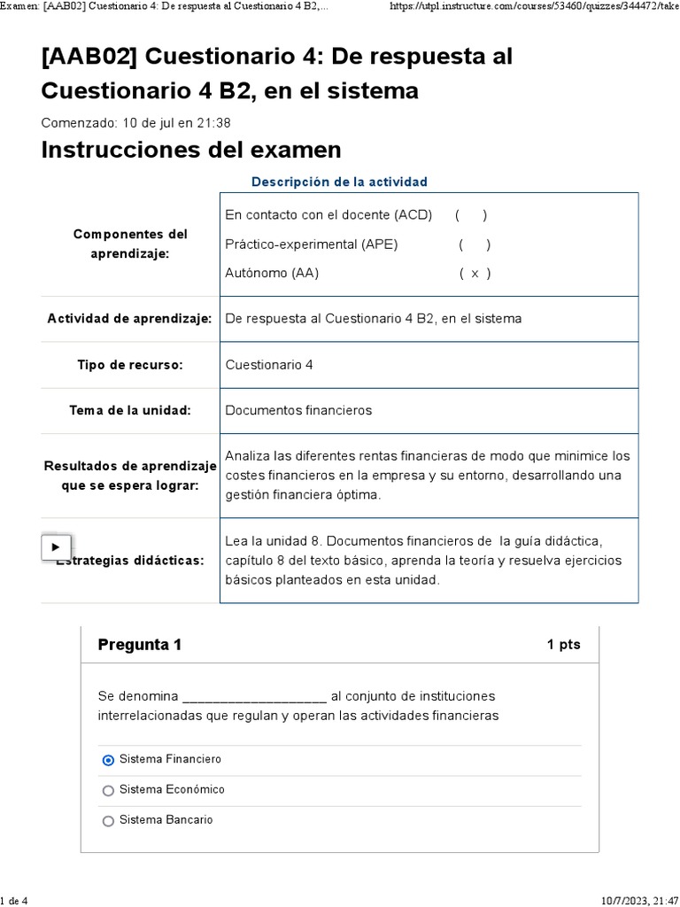 Examen (AAB02) Cuestionario 4 de Respuesta Al Cuestionario 4 B2, en El ...