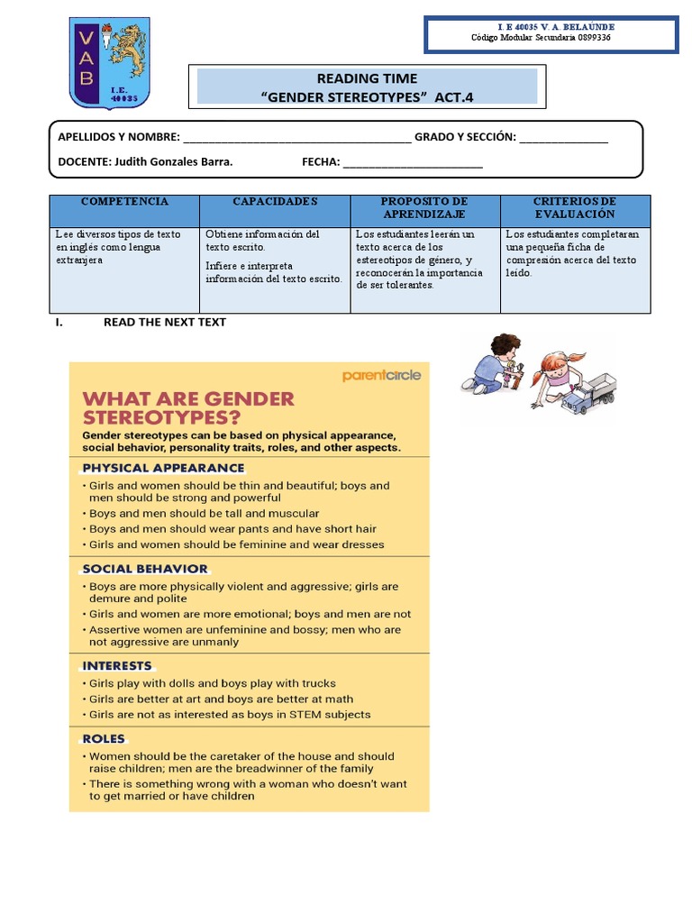 Activity 4, Reading Time 3°, Judith-23 | PDF | Gender Equality | Gender ...
