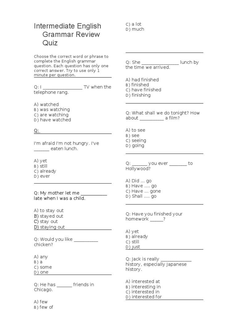 Intermediate English Grammar Review Quiz