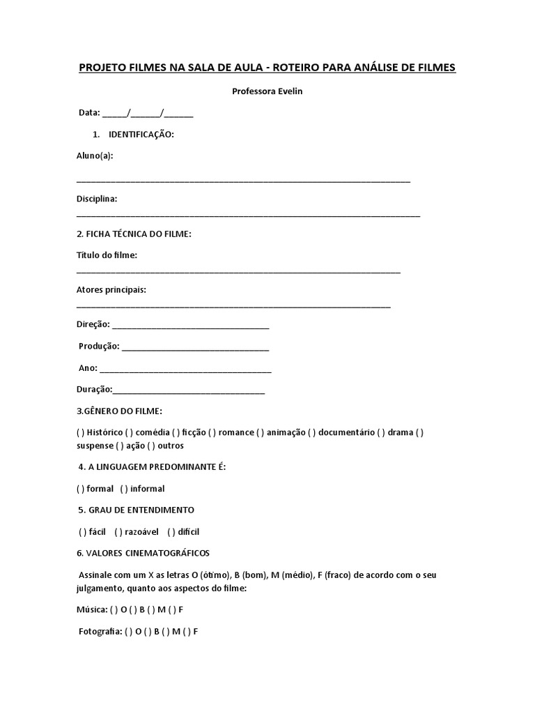 Projeto Filmes Na Sala De Aula Roteiro Para Análise De Filmes 092234