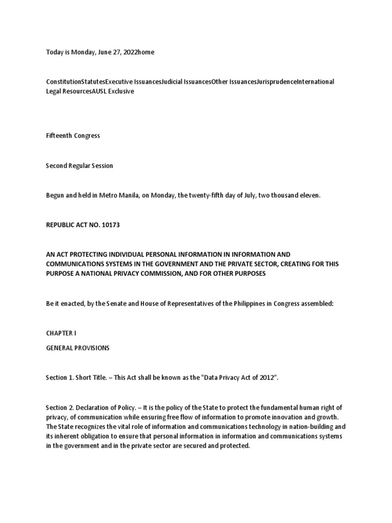 Data Privacy Act of 2012 Overview | PDF