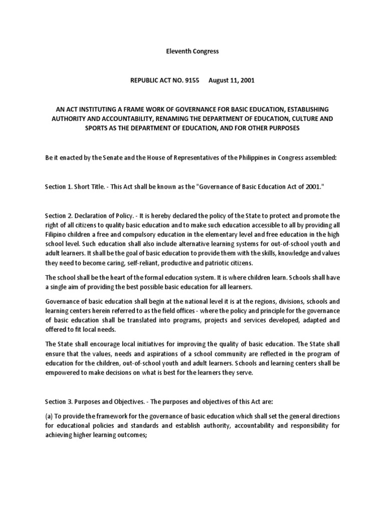 RA 9155 Governance of Basic Education Act | PDF | Governance | Schools