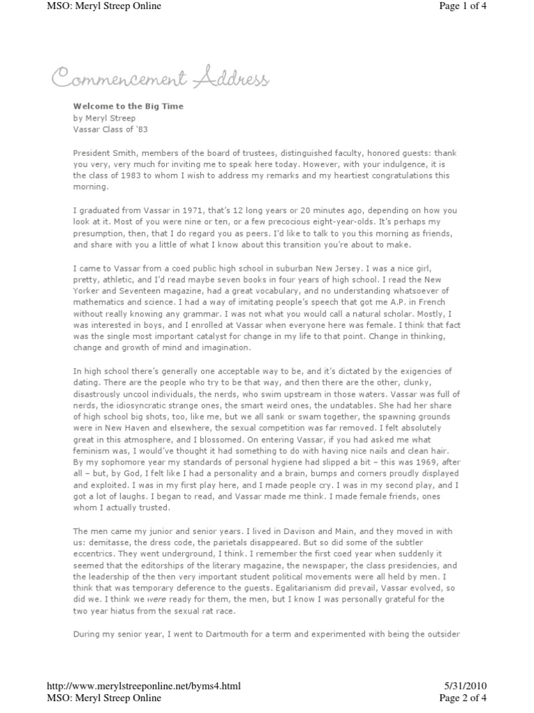 Merryl Streep Vassar Commencement Address Class of 1983 PDF