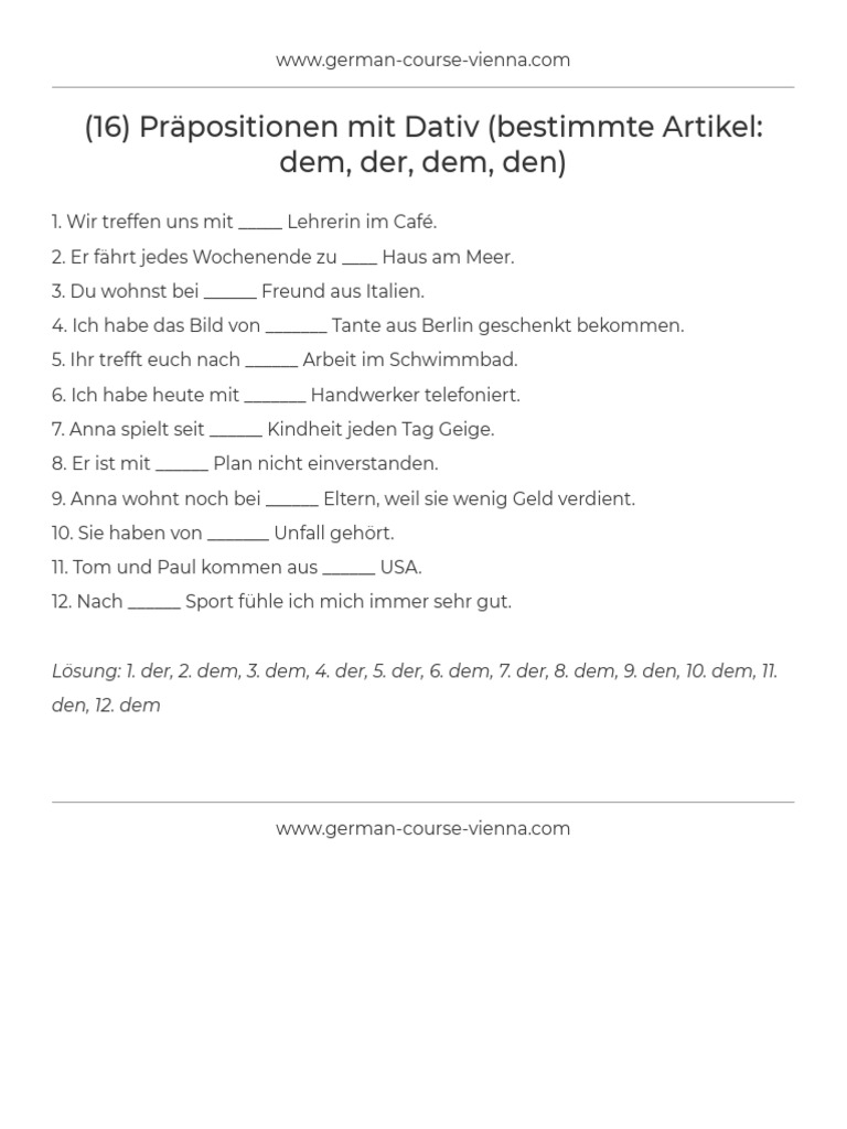 Präpositionen Mit Dativ (Bestimmte Artikel Dem, Der, Dem, Den) PDF