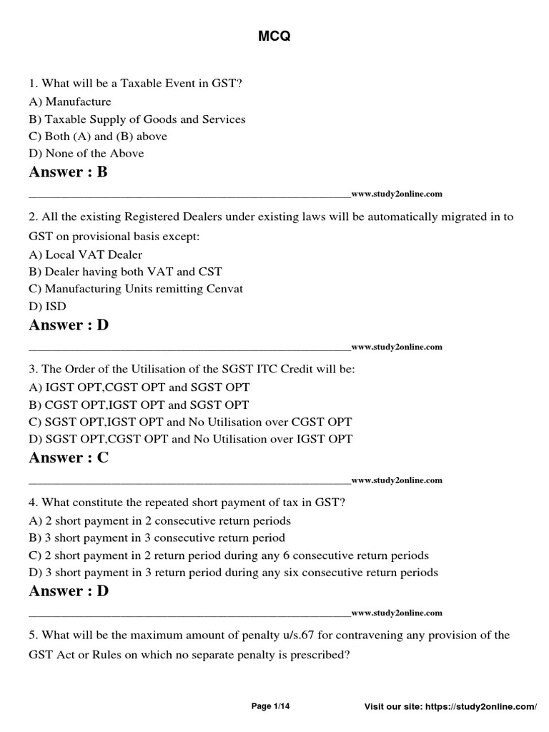 GST MCQs with Answers 2023 | PDF | Value Added Tax | Taxes