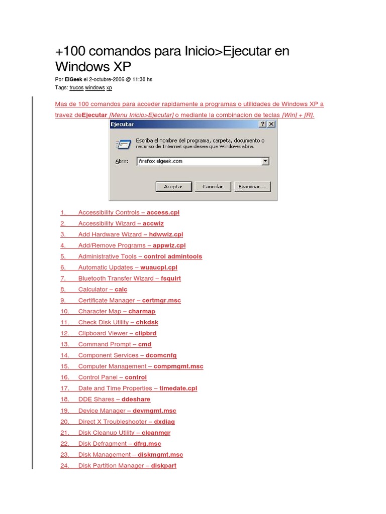 Comandos Útiles para Windows XP | PDF | Microsoft Windows | Utility ...