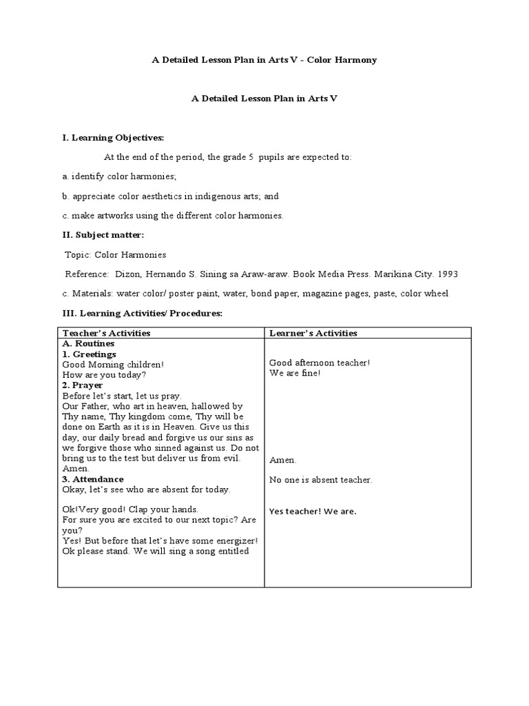 Detailed Lesson Plan in Arts | PDF | Color | Yellow