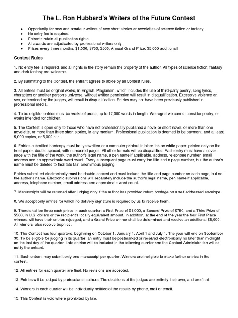 Free Sci Fi Award Rules PDF Writers Of The Future