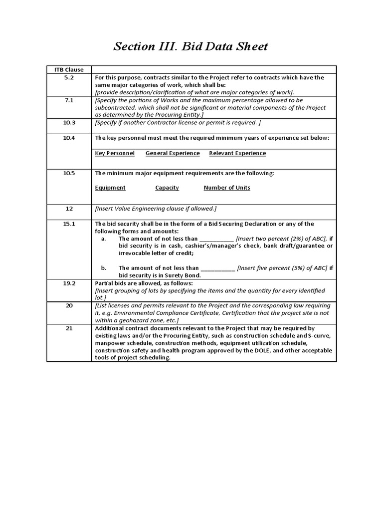 Bid Data Sheet Overview | PDF