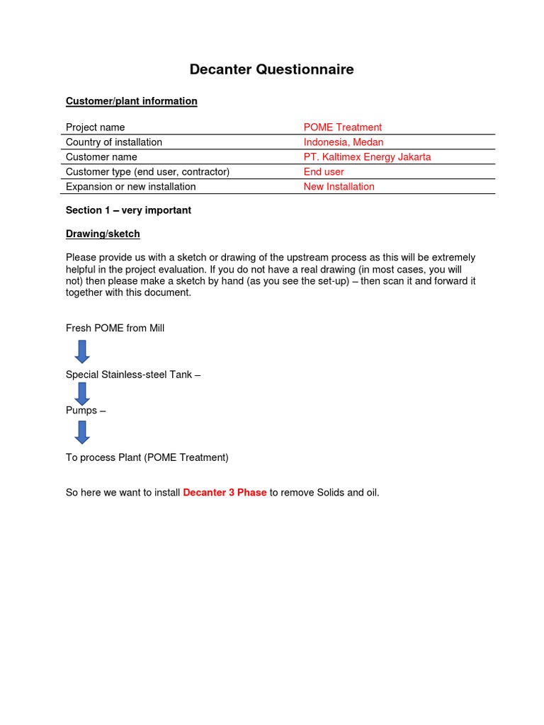Decanter Questionnaire (Example) PDF Chemical Engineering Physical Sciences