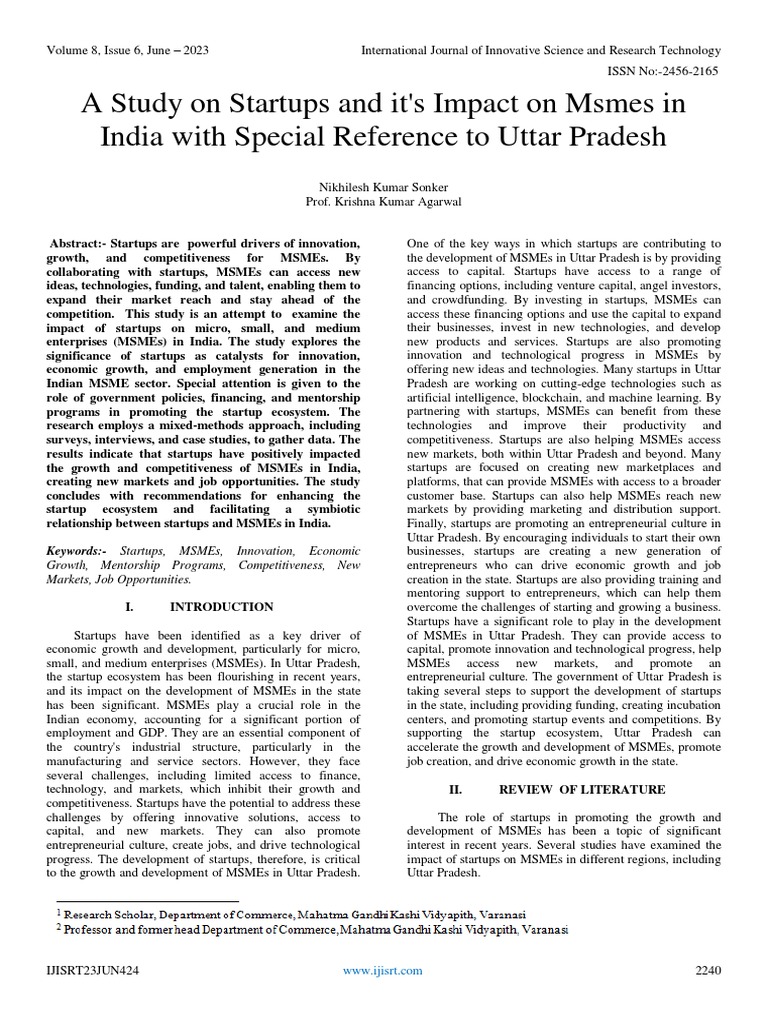 A Study On Startups And It S Impact On Msmes In India With Special