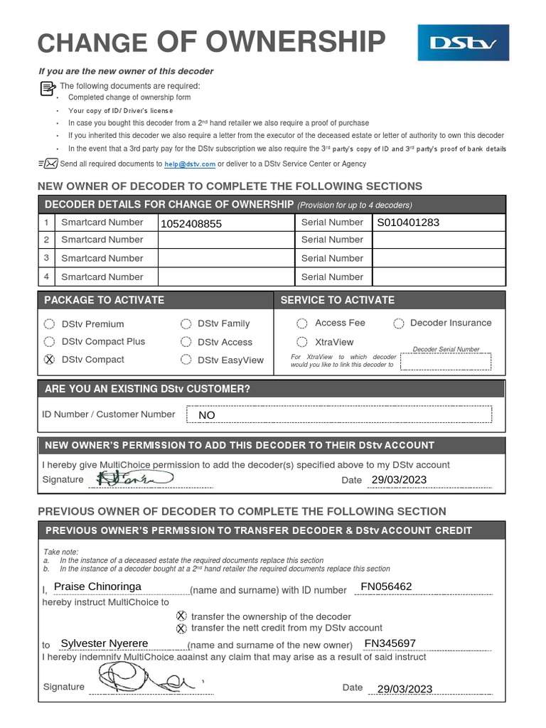 DSTV ChangeOfOwnershipForm2023 PDF Debit Card Insurance