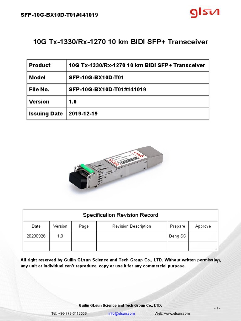 その他 PIN 10G Tx-1330/Rx-1270 10 KM BIDI SFP+ Transceiver | PDF