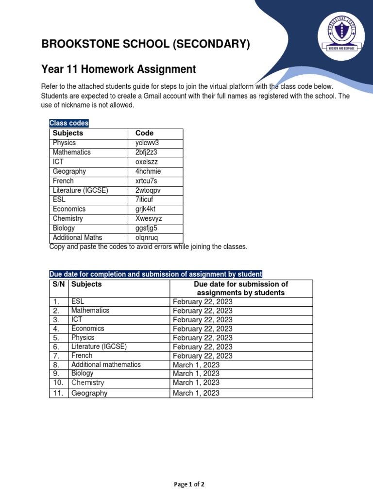 Yr 11 classcodes schedule and rules for completing homework assignment