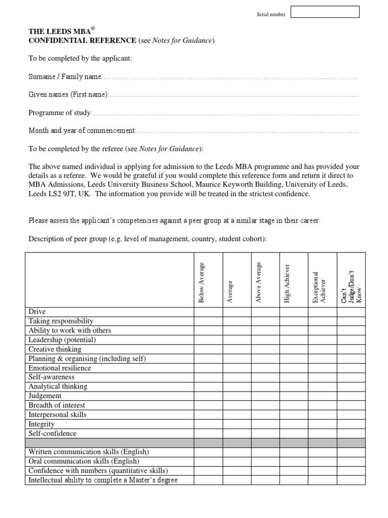 MBA Reference Form | PDF | Master Of Business Administration ...