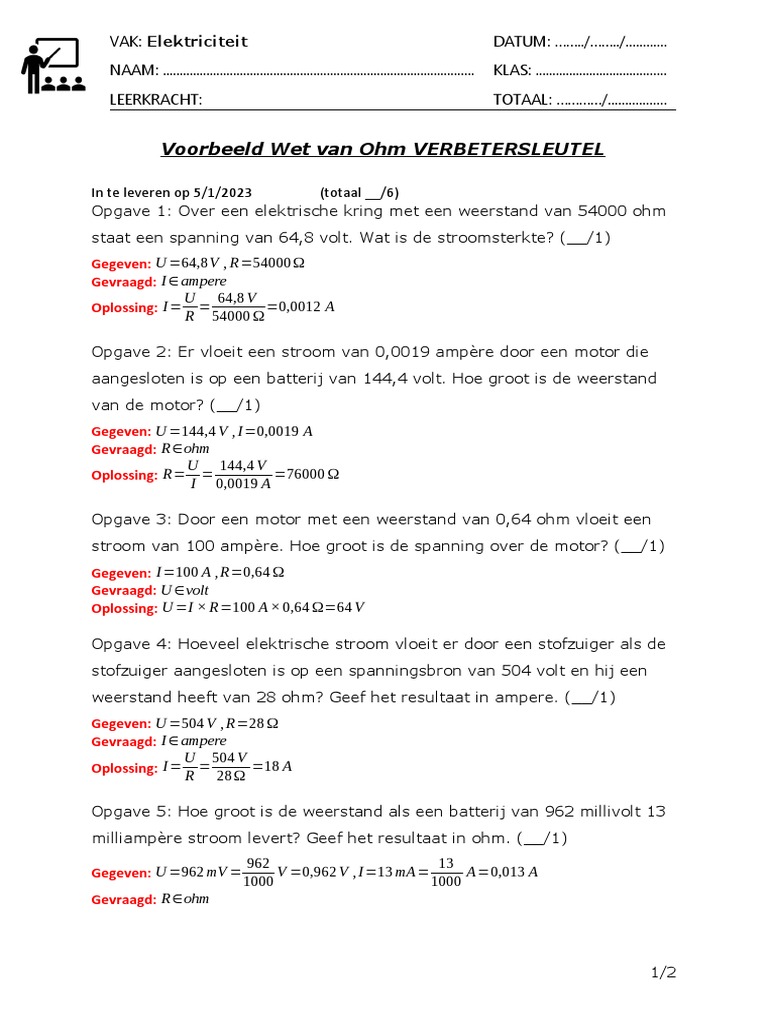 Voorbeeld Wet Van Ohm VERBETERSLEUTEL | PDF