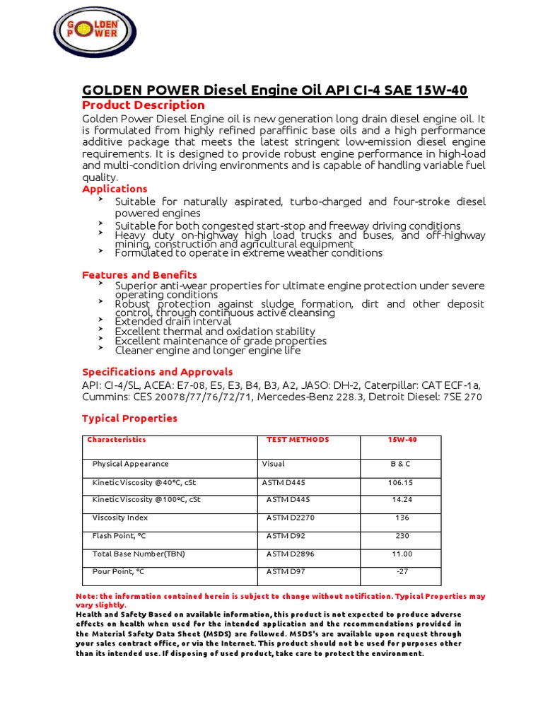 GOLDEN POWER Diesel Engine Oil API CI4 SAE 15W40 TDS PDF