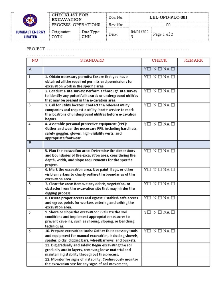 Checklist For Excavation | PDF