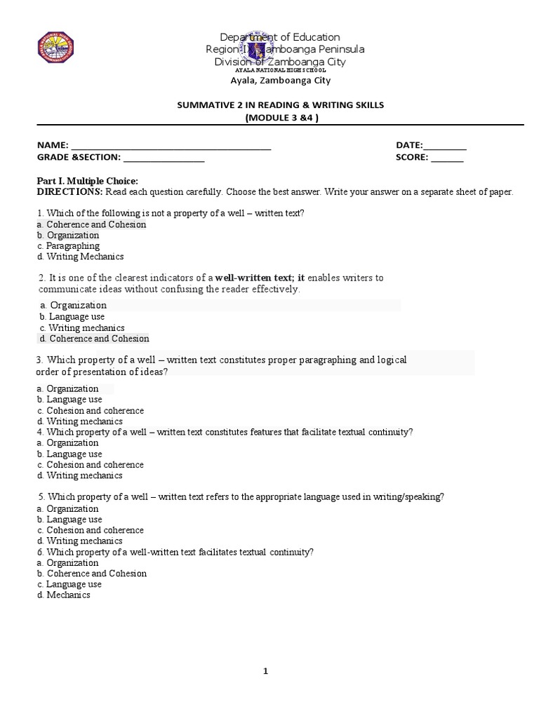 Reading and Writing Skills Summative 2 PDF Cognition Linguistics