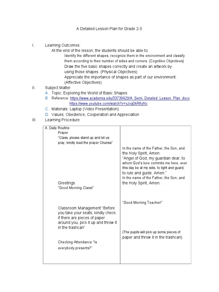 Detailed lesson plan for shapes grade 1 pdf shape lesson plan