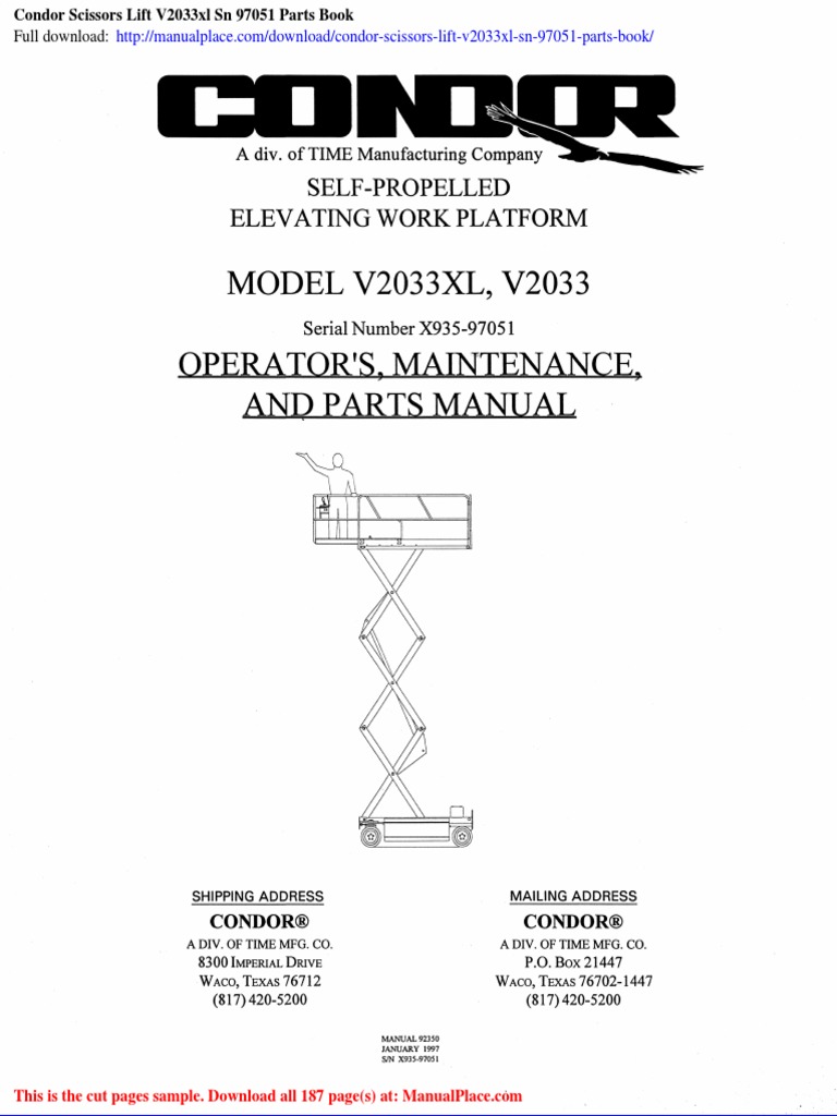 Condor Scissors Lift v2033xl SN 97051 Parts Book | PDF | Elevator | Switch