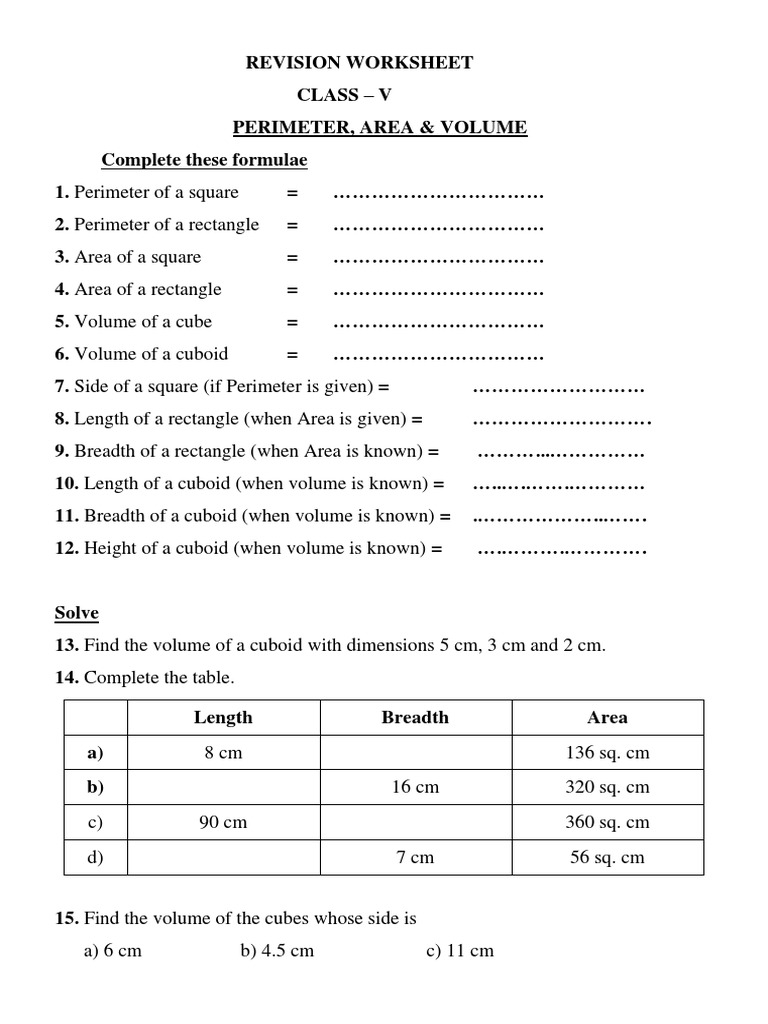 Grade 5 Perimeter, Area & Volume Worksheet | PDF | Home & Garden | Art