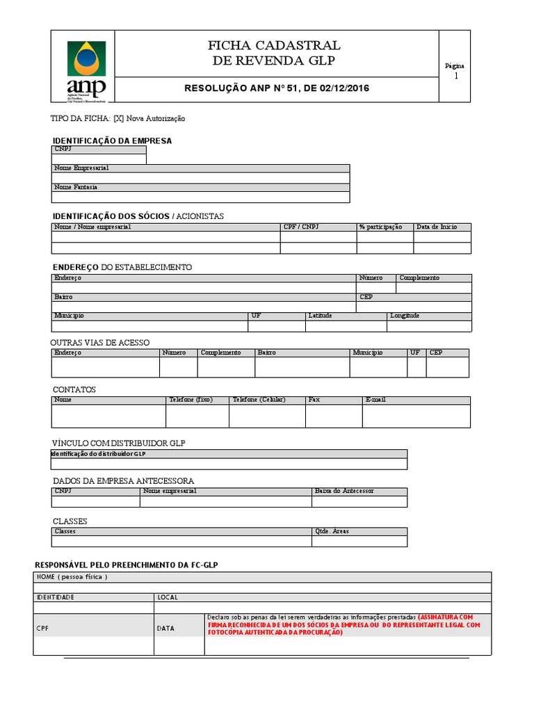 Modelo Ficha Autorização Anp | PDF