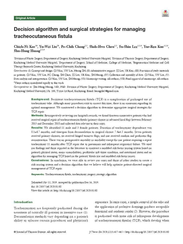 Decision Algỏithm and Surgical Strategies For Managing Trachecutaneous ...