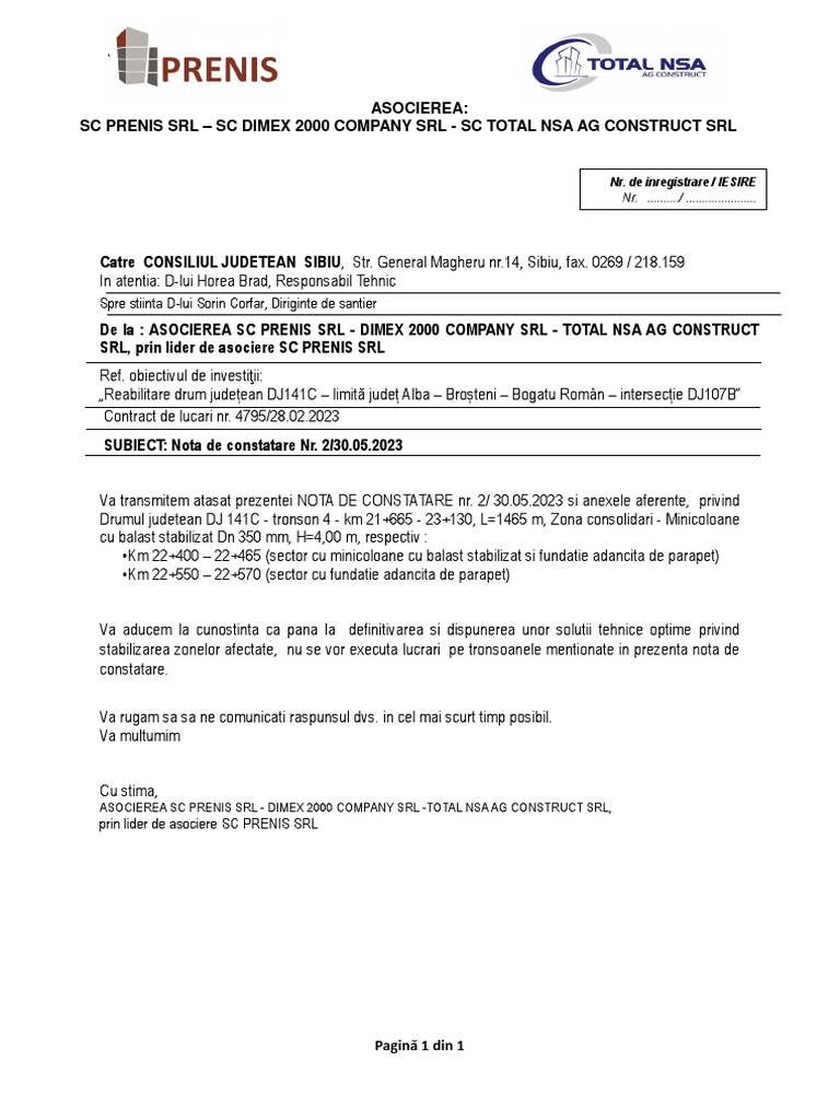 Adresa - Nota de Constatare Nr. | PDF