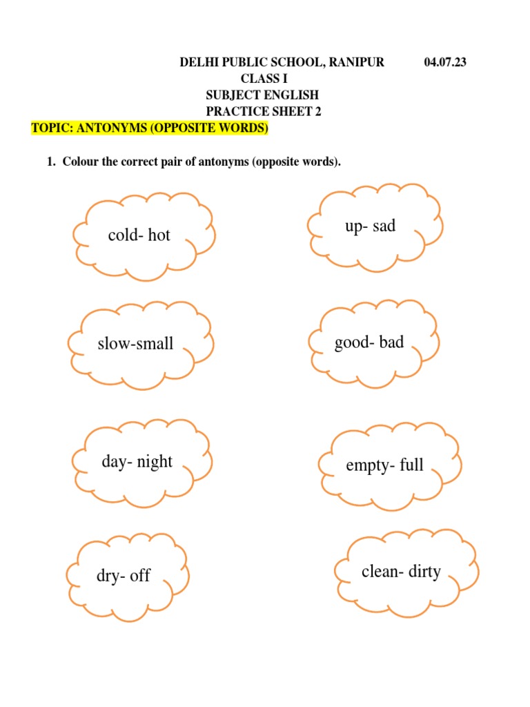Antonyms Practice Sheet 2 Pdf