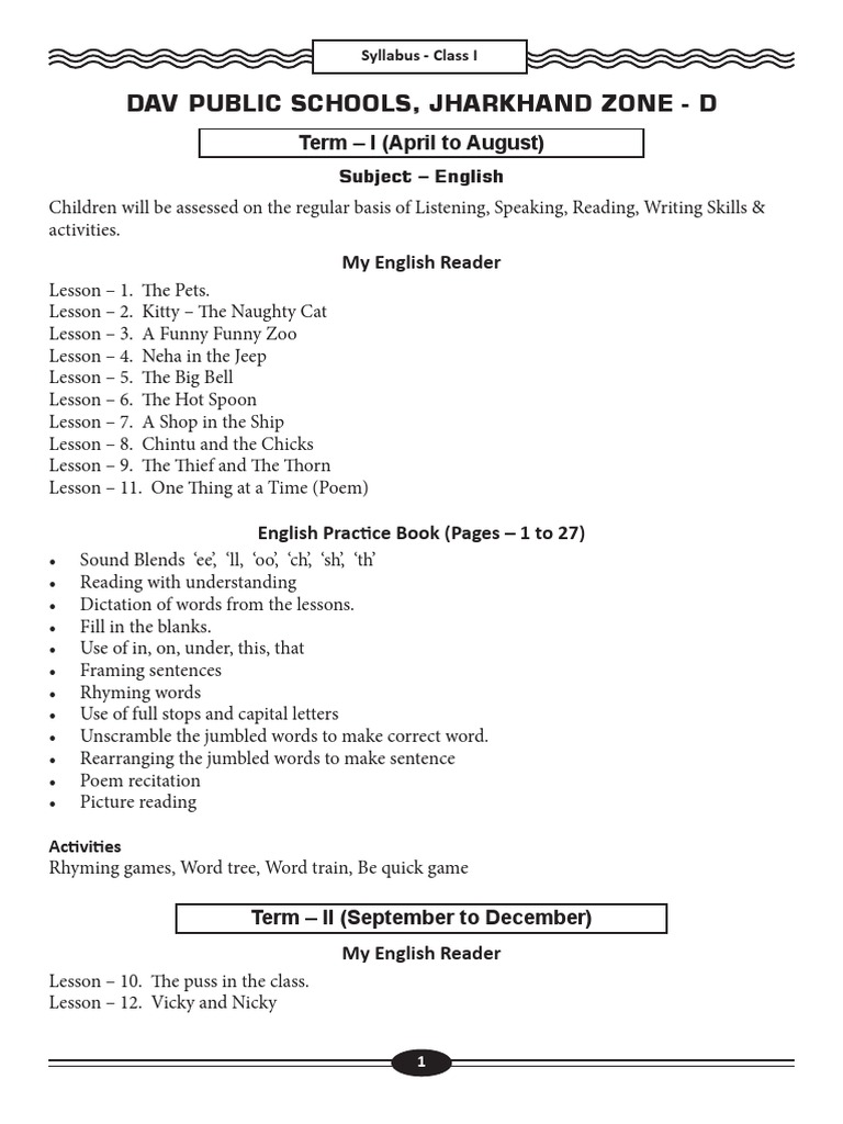 DAV Class 1 Syllabus Overview | PDF