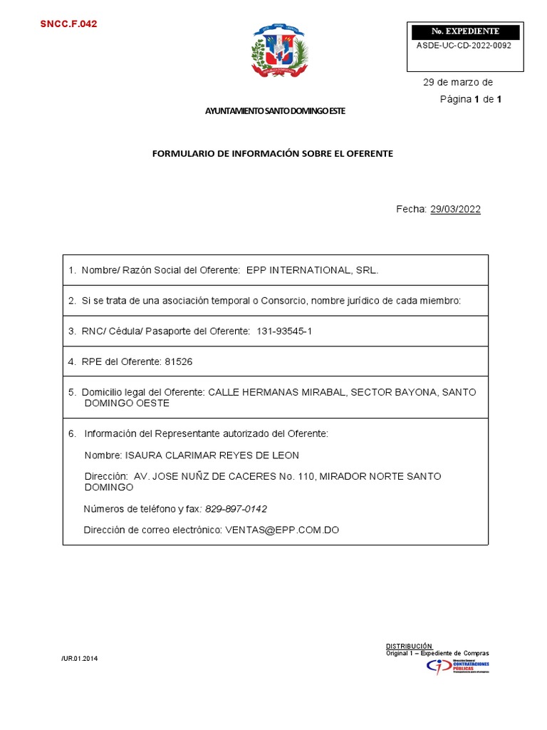 SNCC F042 Informacion Oferente | PDF