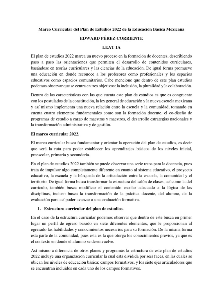 Marco Curricular Del Plan de Estudios 2022 de La Educación Básica ...