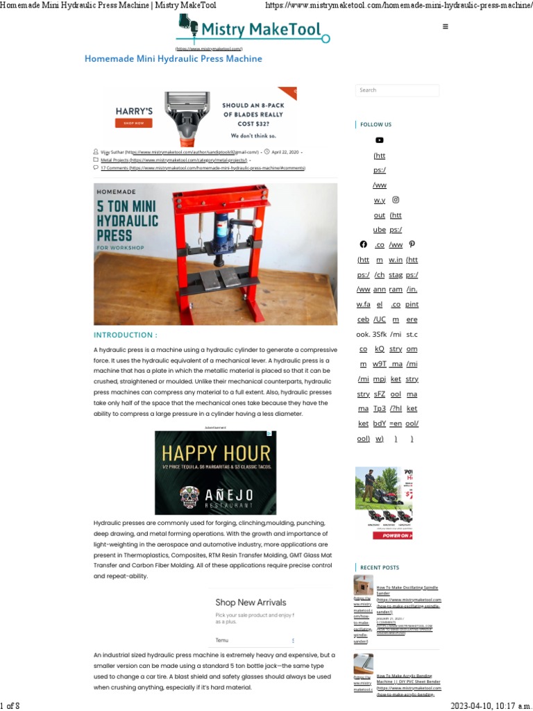Homemade Mini Hydraulic Press Machine Mistry MakeTool | PDF ...