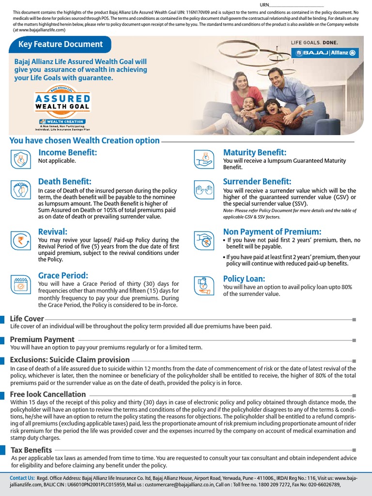 Key Feature Document You Have Chosen Wealth Creation Option Maturity Benefit Death Benefit