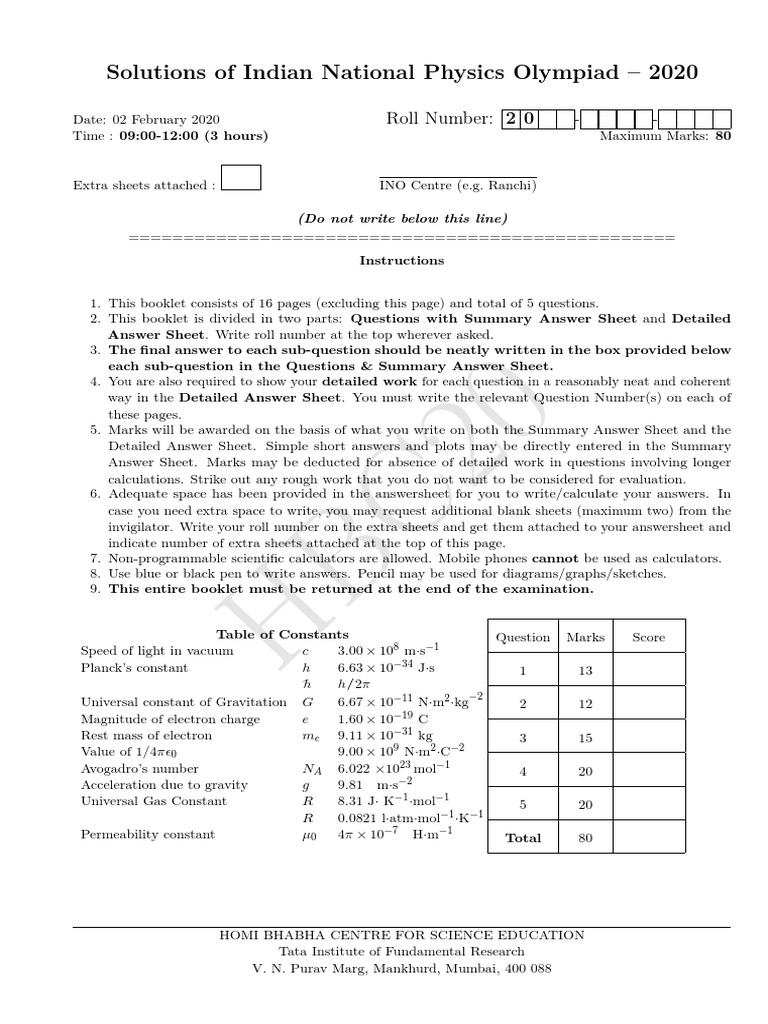 INPhO 2020 Solutions Overview | PDF