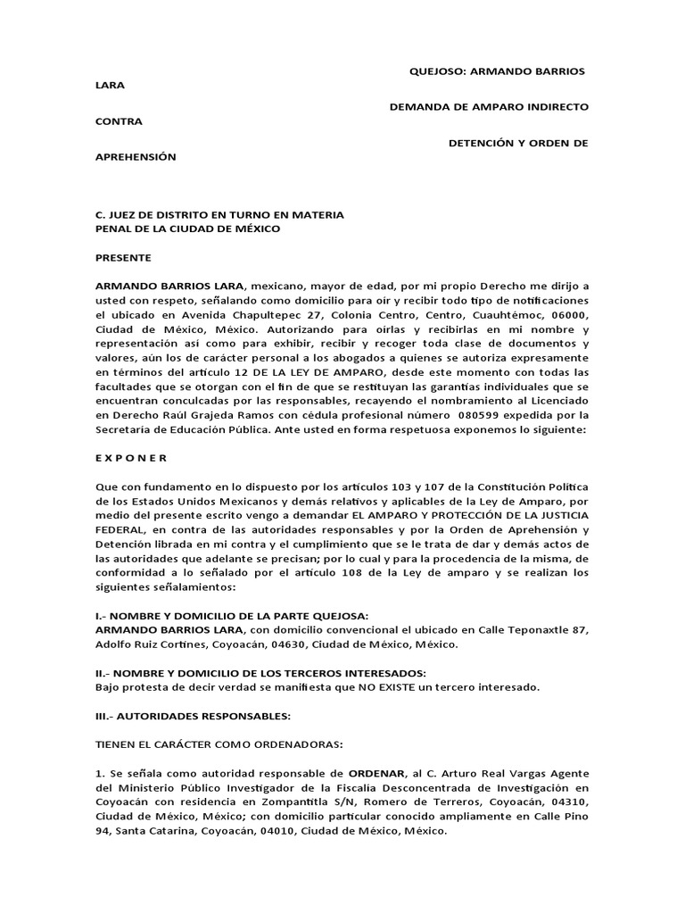 Amparo Indirecto Contra Orden de Aprehensión | PDF | Violación ...