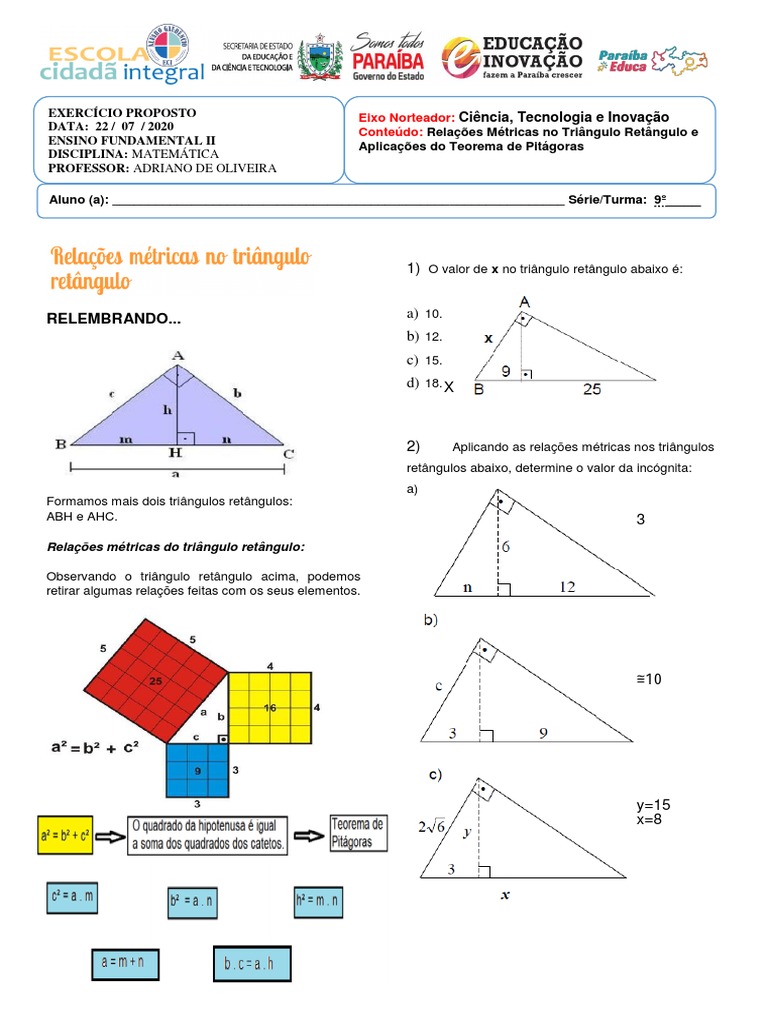 Exercícios de Relações Métricas 9º Ano | PDF